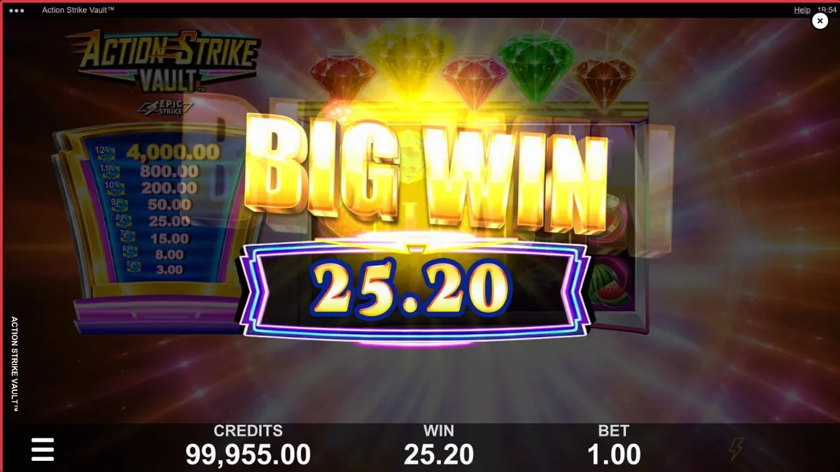 Interface neon e futurista do slot Action Strike Vault