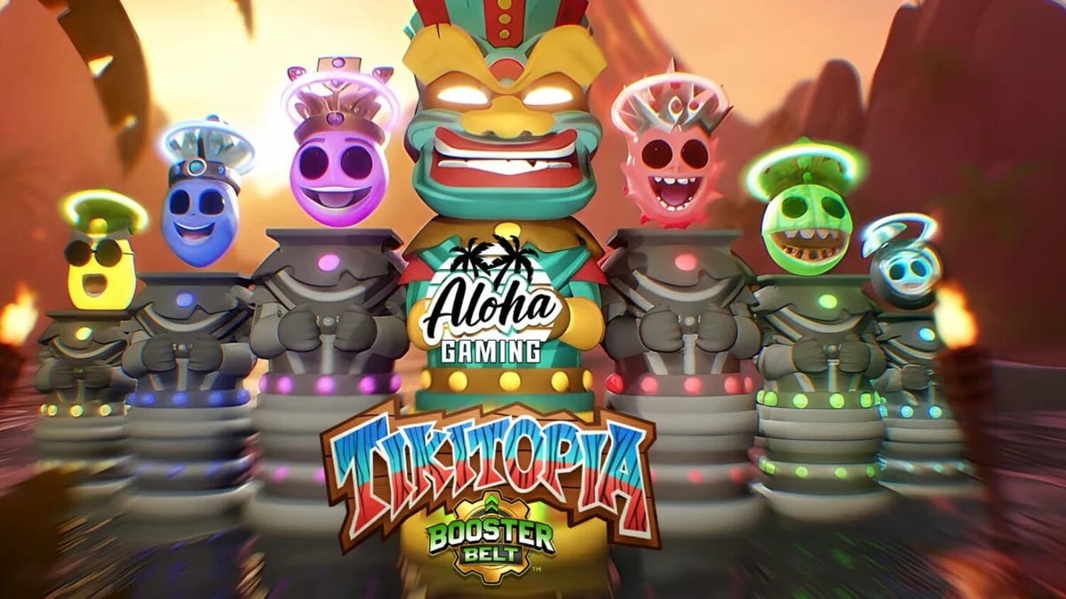 Interface vibrante e tropical do slot Tikitopia BoosterBelt com o totem Big'Um Tiki